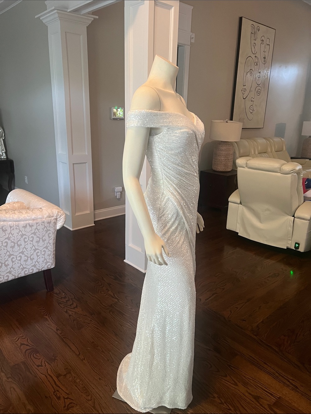 Off-Shoulder Glitter Evening Gown in White - Picture 7 of 12